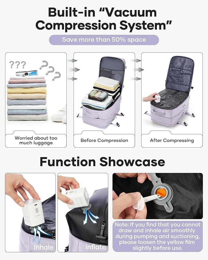 winspansy Vacuum Backpack Travel with Pump Carry on Luggage Flight Approved Essentials Personal Item Travel Bag with Vacuum System Waterproof Compression Backpack for Women Men Mochila de Viaje Purple - Image 3