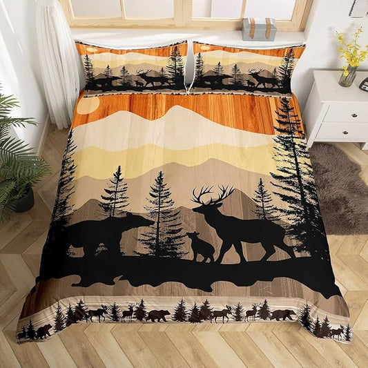 Rustic Deer Bedding Set Western Farmhouse Theme Duvet Cover Twin Size, Wild Animal Deer Print Comforter Cover for Adult Women Teens Bear Print Bedding 2 Pcs, Old Barn Door Print Bedspread Cover by Erosebridal