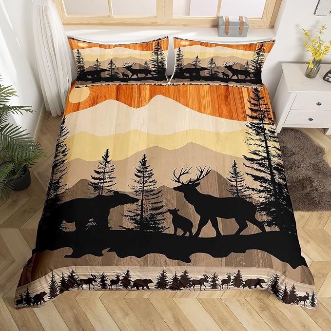 Erosebridal Rustic Deer Bedding Set Western Farmhouse Theme Duvet Cover King Size, Wild Animal Print Comforter for Adult Women Teens Bear 3 Pcs, Old Barn Door Bedspread by Erosebridal