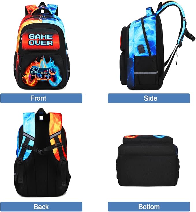 Bevalsa Backpack for Boys, School Bags for Kids, Bookbag for Boys Children Teens Backpacks for Elementary Middle High School Student, Bookbag and Lunch Bag Set with USB Charging Port (Flame) - Image 4