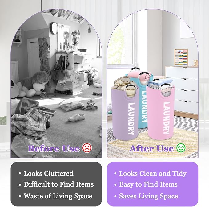 3PCS 95L Laundry Basket, Collapsible Clothes Hamper with Handle, 600D Oxford Cloth Laundry Bin, Stand-alone Dirty Clothes Hamper for Livingroom, Bedroom, Family, Pink+Blue+Purple - Image 7