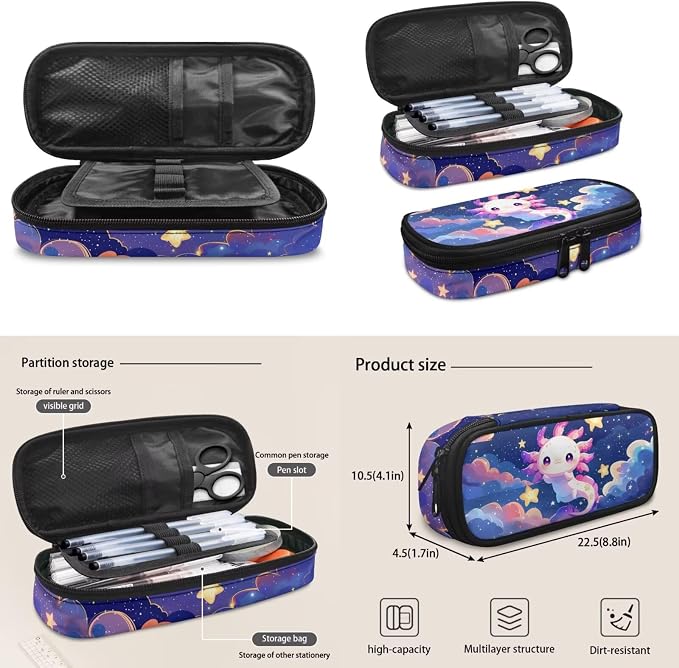 Cartoon Galaxy Axolotl Schoolbag and Lunch Box Pencil Case Water Holder Sleeve for Girls Boys Axolotls Backpack 4pcs Set,Back to School Supplies Axolotl Backpack for Toddler Girl - Image 2