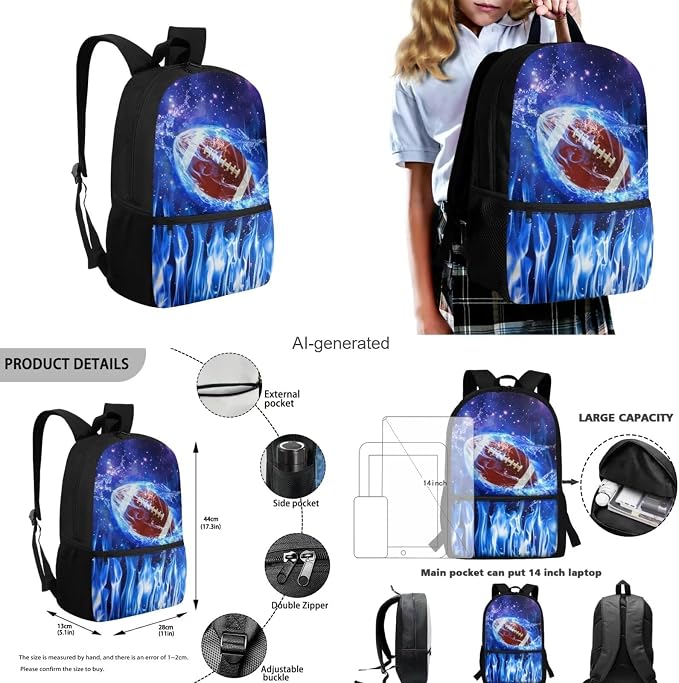 Galaxy Football Backpack for Boys Kids Backpack with Lunch Box Water Bottle Pouch and Soft Pencil Case 4PCS Set Bookbag with Front Pocket for School 17 inch Large Capacity School Bag for Girls - Image 3