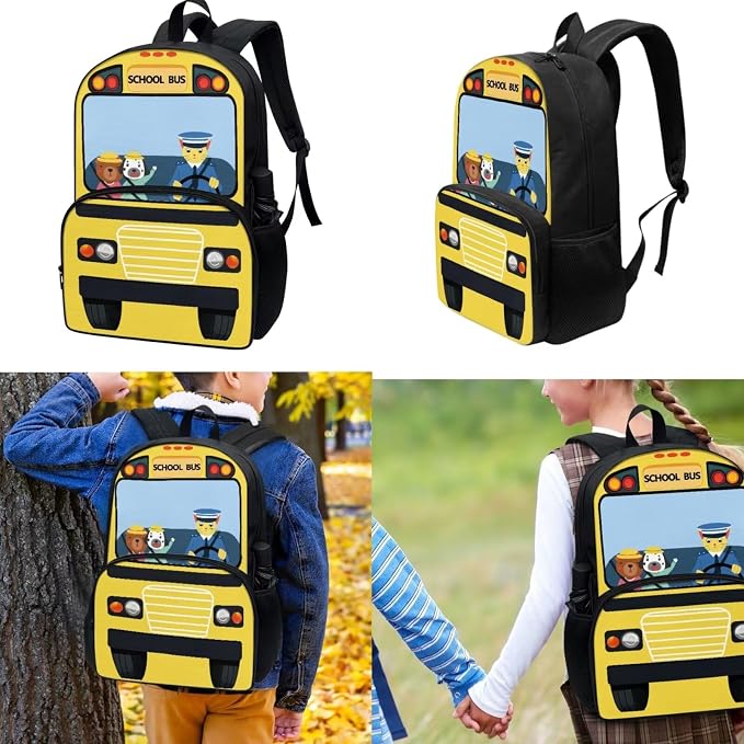 Cartoon School Bus Backpack for Girls Boys School Bookbags with Lunch Tote Bag Insulated Lunchbox Pencil Case Lightweight Elementary Primary Schoolbag Casual Rucksack 3 In 1 Set - Image 2