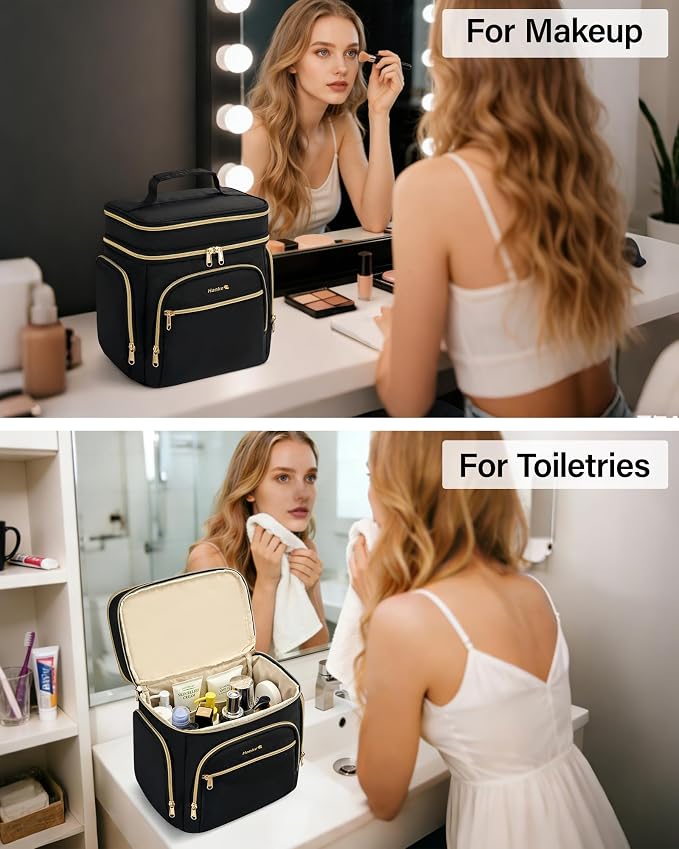 Hanke Large Toiletry Bag for Women Travel, Double Layer Organizer with Wide Opening for Full-Size Cosmetics & Toiletries, 12.2L Water-Resistant Makeup Bag,Black - Image 9