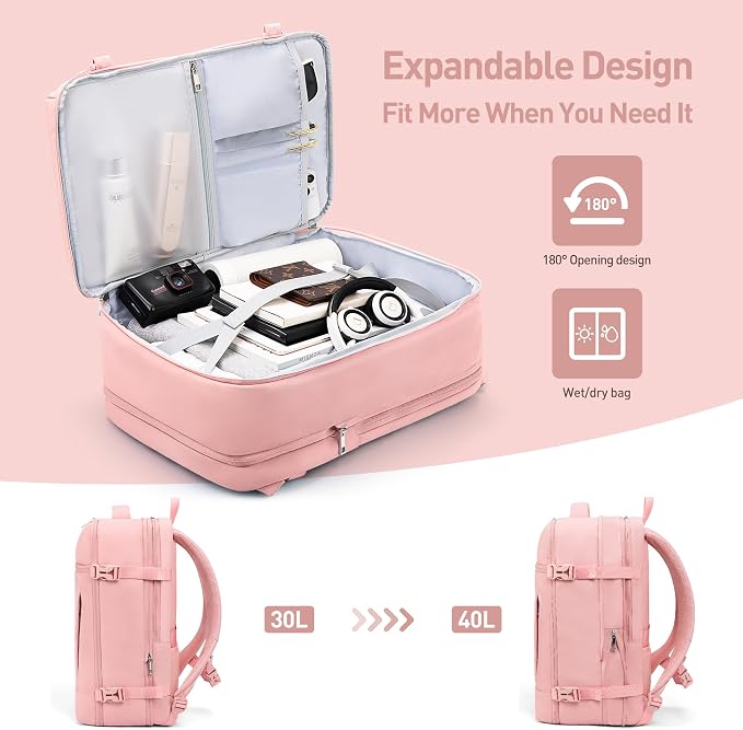 SHOWKOO Laptop Backpack for 17 Inch Laptop, 40L Expandable Large Capacity Backpack, TSA Carry On Travel Backpack with Padded Laptop Compartment, Water-Resistant College & Commuter Bag, Pink - Image 5