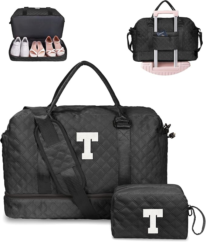 Granddaughter Initial Duffle Bag with Shoe Compartment, Personalized Weekender Overnight Travel Bag, Letter Gift for Her by Vogewood