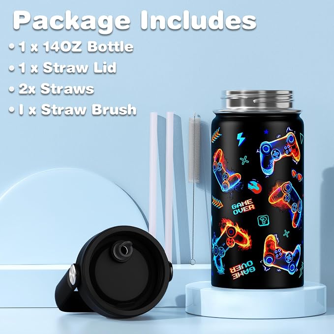 Bevalsa Kids Backpack for Boys with 14oz Insulated Bottle, Gamer Backpack School Bags for Kids & BPA-FREE Stainless Steel Metal Bottle with Straw Lid for Elementary Middle School Student (Flame) - Image 4