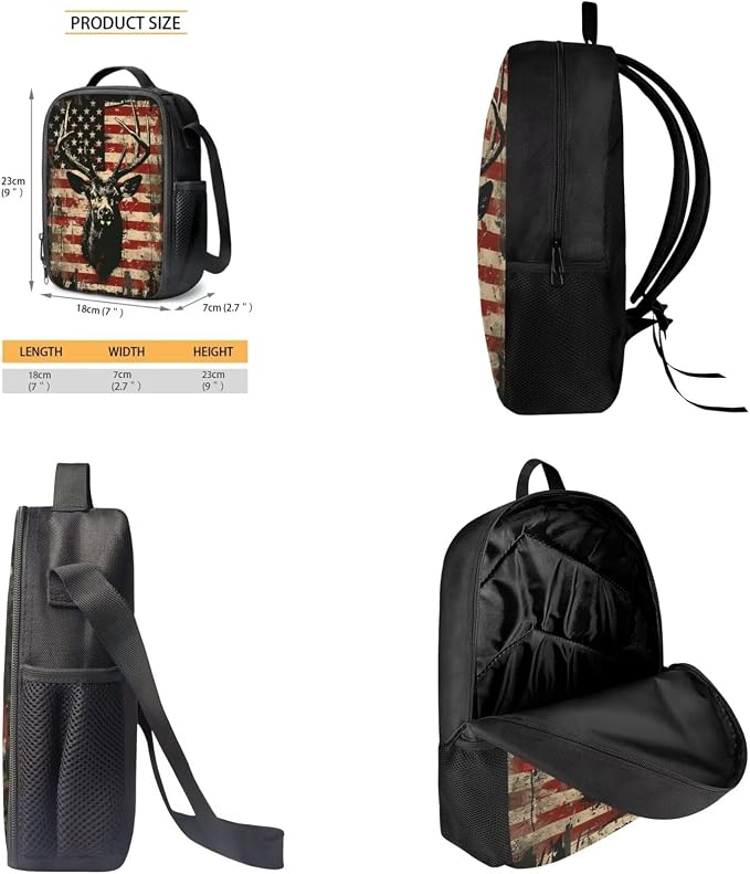Deer Kids School Backpack for Boys Girls, American Flag Casual School Bag with Lunch Box Pencil Case, Lightweight 3PCs School Bookbag Set Suitable for Boys and Girls, Multicolor - Image 4