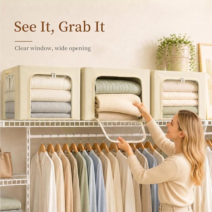 GoMaihe 3 Opening Clothes Storage Bins with Metal Frame, 40L Sweater Storage Organizer for Upper Shelf Closet Storage Boxes with Clear Window for Hoodies Jeans Towel 3-Pack Beige - Image 7