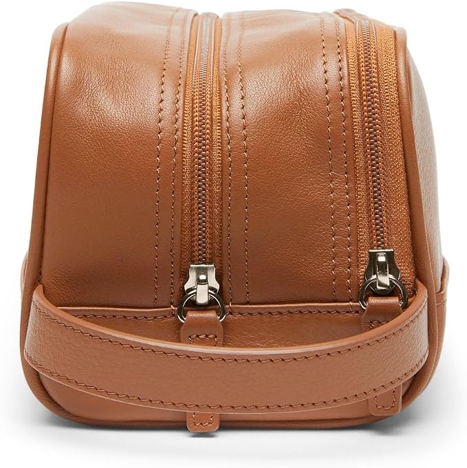 Leatherology Cognac Leather Toiletry Bag – Small Double Zip Dopp Kit – Full Grain Leather Travel Organizer with Water-Resistant Lining – Compact Grooming Bag for Men or Women - Image 3