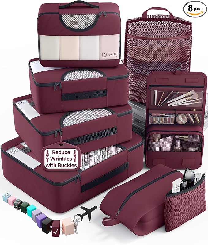 Veken 8 Set Packing Cubes for Travel Essentials,Anti-Wrinkle Buckled Suitcase Organizer for Shoe & Toiletry Bag,Carry On Luggage Bag with 99+ Count Mesh Holes for Airplane & College Dorm Accessories by Veken