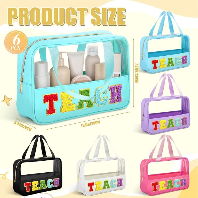 Hillban 6 Pcs Clear Teach Makeup Bags Bulk Chenille Letter Travel Toiletry Bags with Handle Large Waterproof Storage Cosmetic Bag Graduation Back to School Retirement Gifts for Women - Image 3