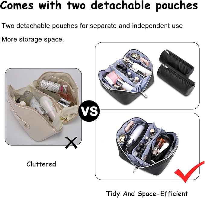 BOYATU Travel Makeup Bag Organizer Cosmetic Bag: 3 Pcs Set Make up Bags for Women with Handle - Waterproof Vegan Leather Toiletry Bags Travel Essentials Pouch with Compartments (C-01-Black) - Image 6