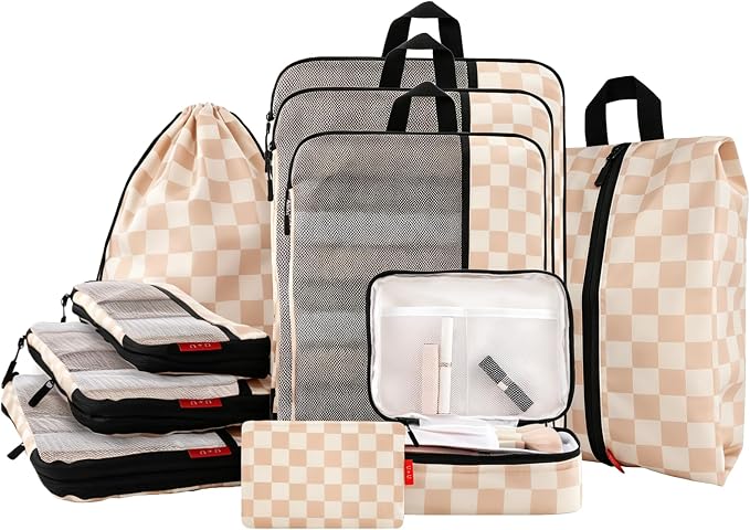 U+U 10 Set Compression Packing Cubes - Ultralight Travel Organizers with Laundry Bag and Cosmetic Bag, Space-Saving Suitcase Organizer for Travel, Business Trip and Family Vacation (Khaki Checkered) by UU