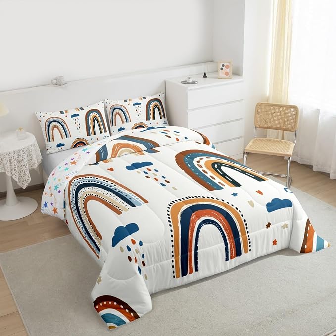 Rainbow Quilt King Size, Kawaii Cartoon Cloud Duvet Insert for Girls Kids Boys Children Bedroom,Iridescent Stripes Girly Comforter Set Colourful Cute Love Heart Down Comforter with 2 Pillow Cases - Image 4