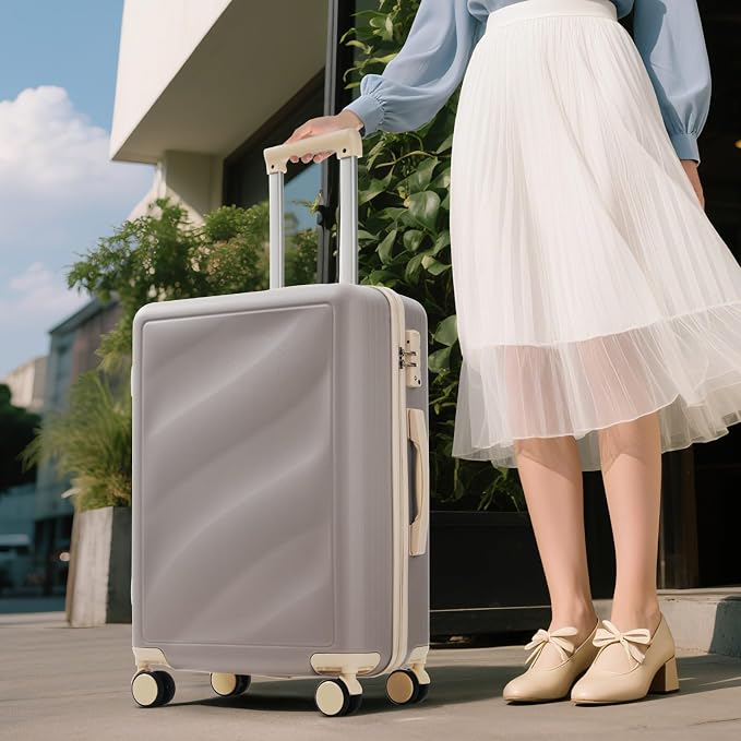 Hardside Luggage Sets, Lightweight Stripes Suitcase with Spinner Wheels, Grayish - Image 6