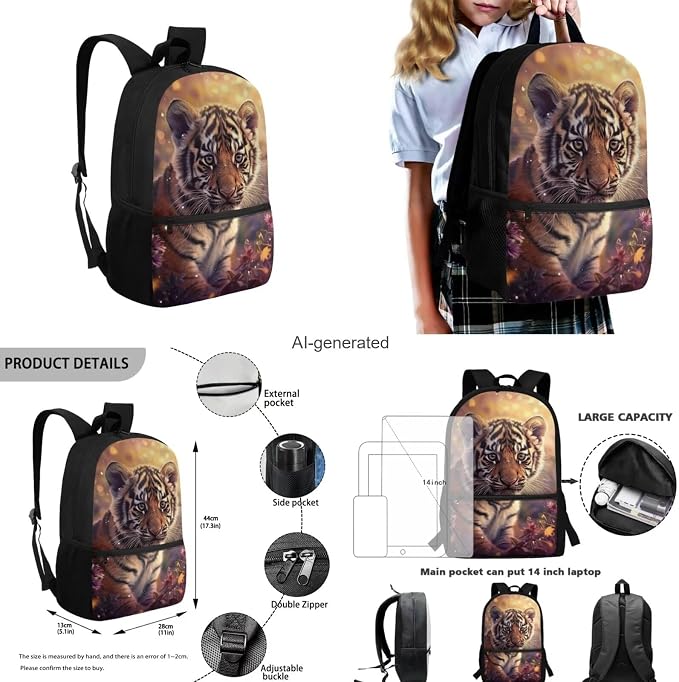 Tiger Backpack for Kids Girls Backpack with Lunch Box Water Bottle Carrier and Canvas Pencil Pouch 4PCS Set Cute Bookbag with Front Pocket 17 inch Sturdy School Bag with Side Pocket for Boys - Image 3