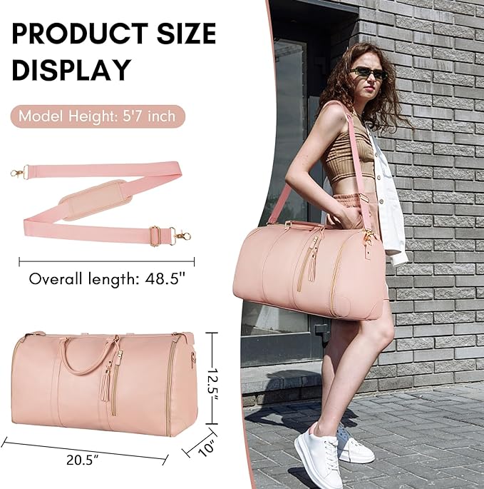Ytonet Garment Duffle Bags for Travel, Convertible Carry On Garment Bag for Women, Large PU Leather Foldable Travel Bag with Shoe Pouch, 2 in 1 Hanging Suitcase Dress Suit Travel Bags, Pink - Image 3