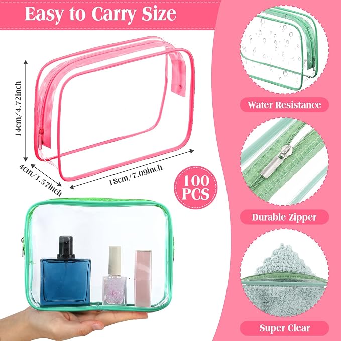 Sanwuta 100 Pcs Clear Makeup Bags Bulk Toiletry Bag for Travel Transparent Cosmetic Bag PVC Waterproof Travel Small Pouches with Zipper for Men and Women (Candy Colors) - Image 2