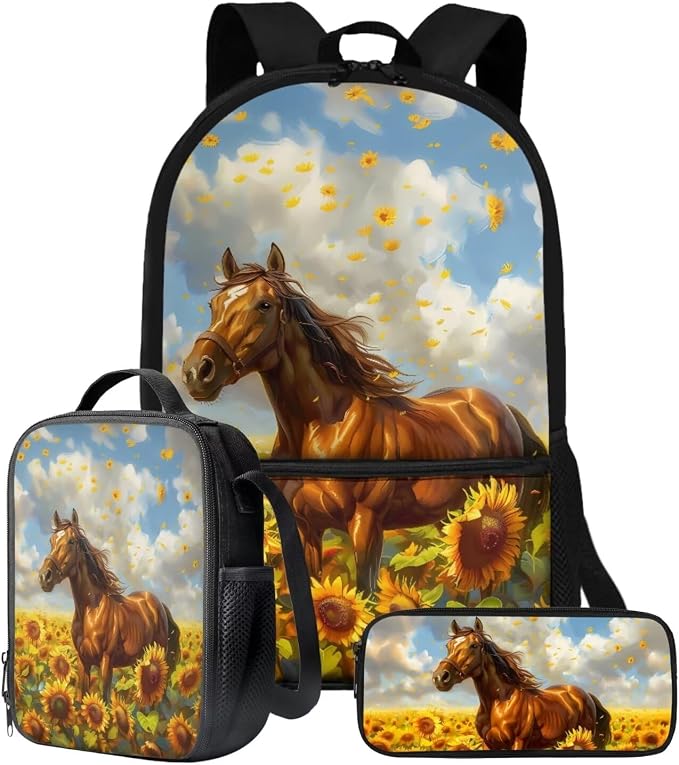 Sunflower Horse Print School Set Fashion Backpacks Lunch Bag Pencil Case Boys Girls 17 Inch Travel Laptop Bag Lightweight Rucksack Casual Daypack for Hiking Camping by ZIATUBLES