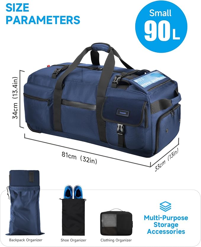 Foldable 90L Rolling Duffle Bag with Wheels | Large Travel Duffle Bag with Shoes Compartment Waterproof Bag for Gym, Weekend & Overnight Trips | Includes 3 Packing Cubes - Image 9