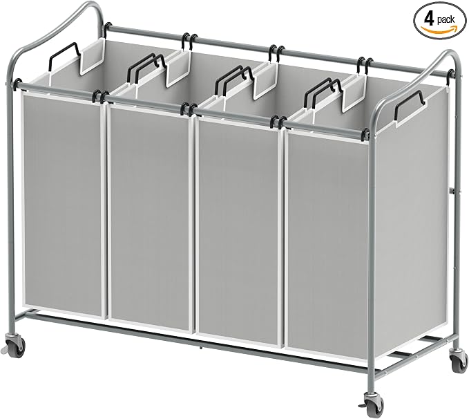 Simple Houseware 4-Bag Heavy Duty Laundry Sorter Rolling Cart, Silver | Removable Bags and Lockable Wheels for Laundry Room Organization by SimpleHouseware