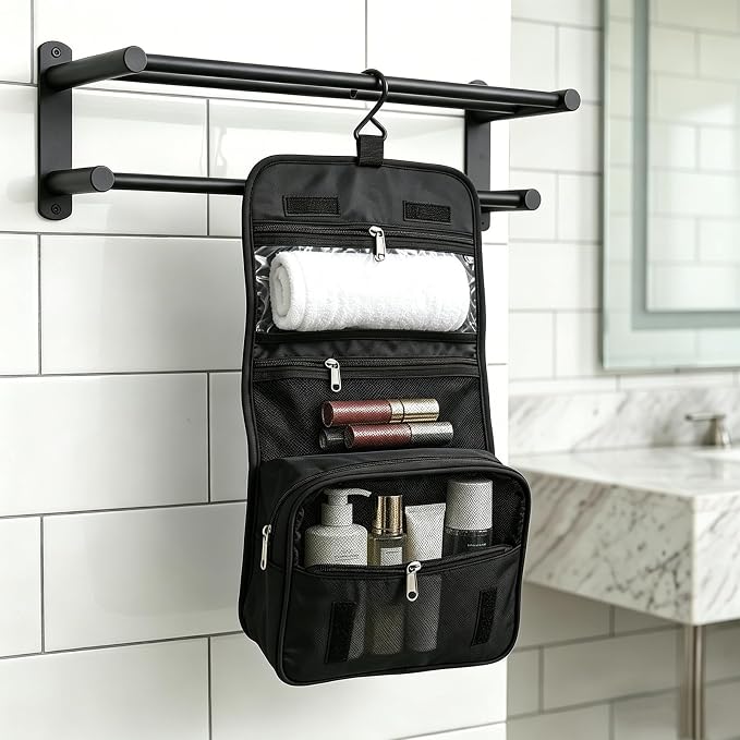 Multifunctional Travel Toiletry Bag With Jewelry Organizer,Portable Hanging Storage Bag With 4 Compartments,Large Capacity Makeup Case For Skincare & Bathroom Essentials (Black) - Image 6