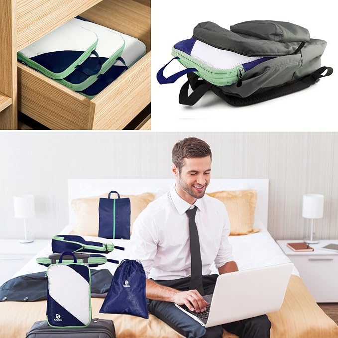 AiQInu Packing Cubes Compression, Pack of 5 Packing Bags, Compression Suitcase Organiser Set with Laundry Bag and Shoe Bag, Ultralight, Expandable, Travel Pack Organiser for Hand Luggage (Dark Blue) - Image 8