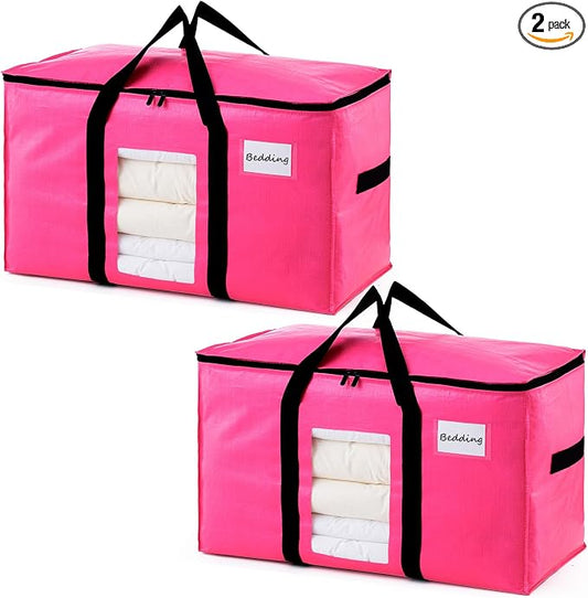 TAILI 2 Pack Pink Extra Large Moving Bags, Heavy Duty Totes with Visible Window, Wrap Around Handles, Space-Saving Storage, Alternative to Moving Boxes by TAILI