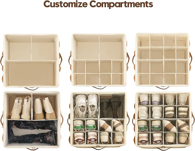 Varhomax Shoe Organizer Box for Closet, Fabric Shoe Storage Bin with Adjustable Dividers & Clear Cover, Holds up 16-32 Pairs of Sneakers & Sandals for Entryway, Cubby - Image 5