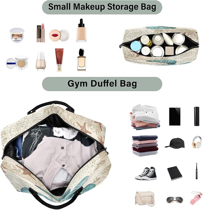 Weekender Bags Travel Duffel Gym Bag Carry on Overnight Tote Bag with Toiletry Bag for Airplane Travel Trip Gym Yoga (Sea Lives Turtle Coral) - Image 4