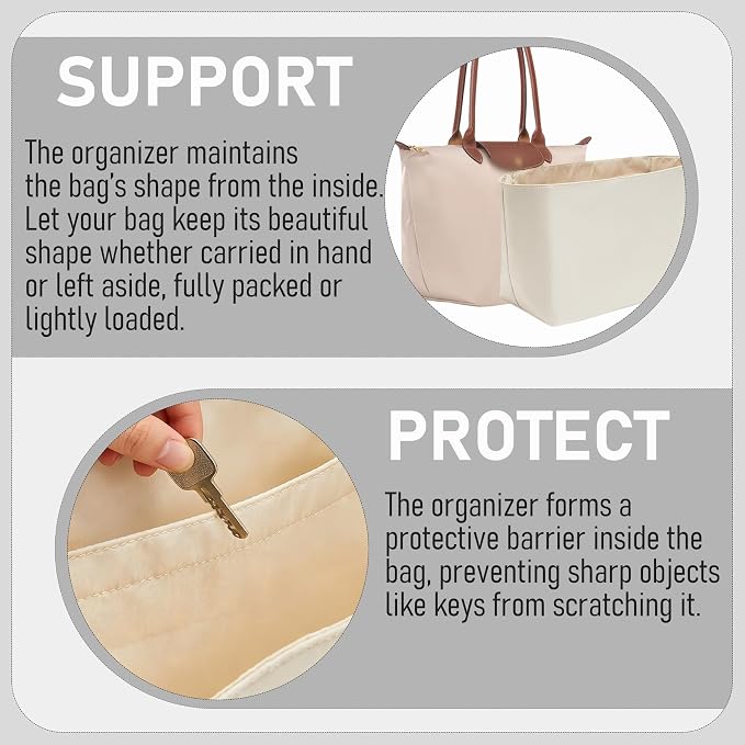 Laptop Sleeve Bag Organizer for Longchamp Le Pliage Large, White | Soft Nylon Purse Insert, 5 Pockets, 13"Laptop Sleeve, Elastic Cup Holder, YKK Zipper Pocket, Keeps Tote Handbag Neat Shape - Image 7