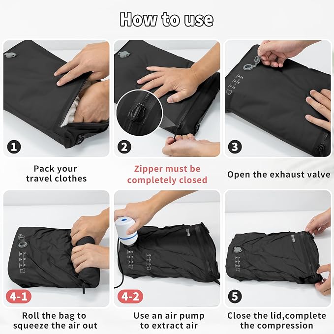 4 Set Vacuum Bags for Travel, Professional Reusable Organizer Bag with IPX8 Waterproof Zipper, Compression Bag for Suitcases, Durable Seal Space Saver Bags (Black,with pump) - Image 7