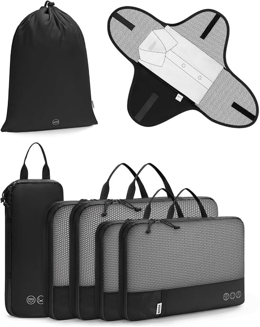WANDF 7 Set Compression Packing Cubes for Travel, Shirt Folder for Wrinkle-Free, Suitcase Organizer Bags Set for Carry-On Checked Luggage Duffle Bag Women Men(Black) by WANDF
