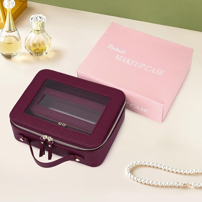 Pinkmik Clear Makeup Bag with Brush Bag 2pcs Waterproof Travel Case for Cosmetics and Toiletries Women's Cosmetic Organizer with Zipper (X/Burgundy, L+SLIM) - Image 6