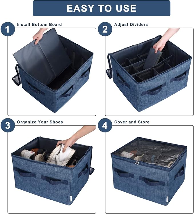 Moteph Shoe Organizer Closet Storage Solution with Clear Cover & Adjustable Dividers for Shoes, Handbags, Blankets, Linen, Clothing (Medium - 16 Pairs, Navy Blue) - Image 5