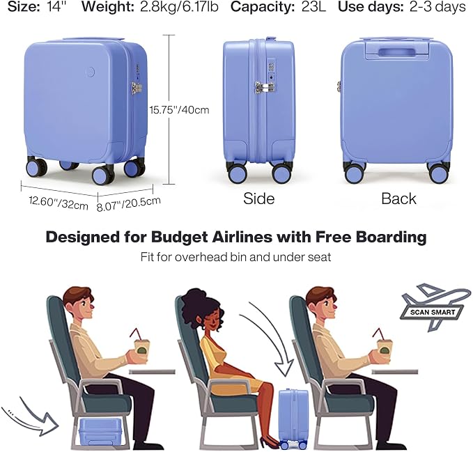 mixi 14 Inch Underseat Luggage Carry on Suitcase Free Boarding Personal Item Suitcases with Spinner Wheels Hardshell Lightweight PC for Short Travel, Lilac Purple - Image 2