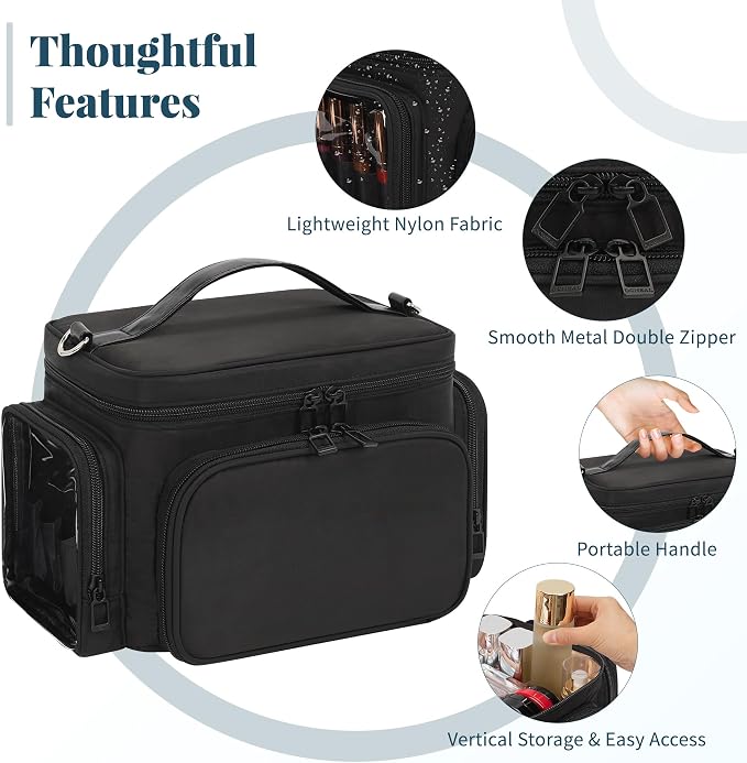 Bagmoly Makeup Bag, Portable Large Travel Makeup Bag Organizer for Women Girls with Makeup Brush Compartment, Cosmetic Travel Bag Vertical Storage Toiletry Bag - Black with Shoulder Strap - Image 4