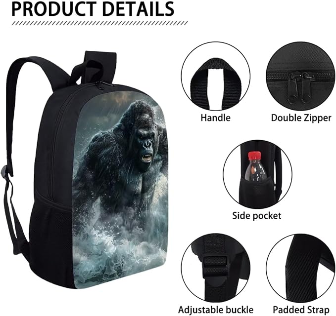 17 Inch Animal Print School Backpack And Lunch Box Set for Kids Lightweight Stormy Sea Gorilla Backpack for Boys Girls Sturdy School Bag with Insulated Lunchbox Pencil Case Student Bookbag - Image 4