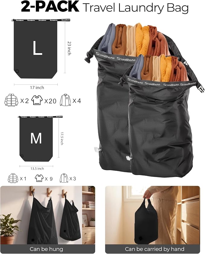 Travel Laundry Bag, Pump-Free Vacuum Compression Dirty Clothes Bag, Reusable Waterproof & Washable Laundry Bag, Wet and Dry Bag, Ideal for Suitcases, Road Trip Essentials (2 Pcs, M+L) Black - Image 2