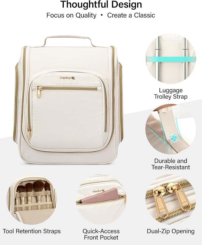 Hanke Hanging Travel Toiletry Bag for Men and Women, Water-Resistant Toiletries Bag Makeup Organizer with Hook, Cosmetic Bag for Bathroom & Travel Essentials Accessories, Off White - Image 7
