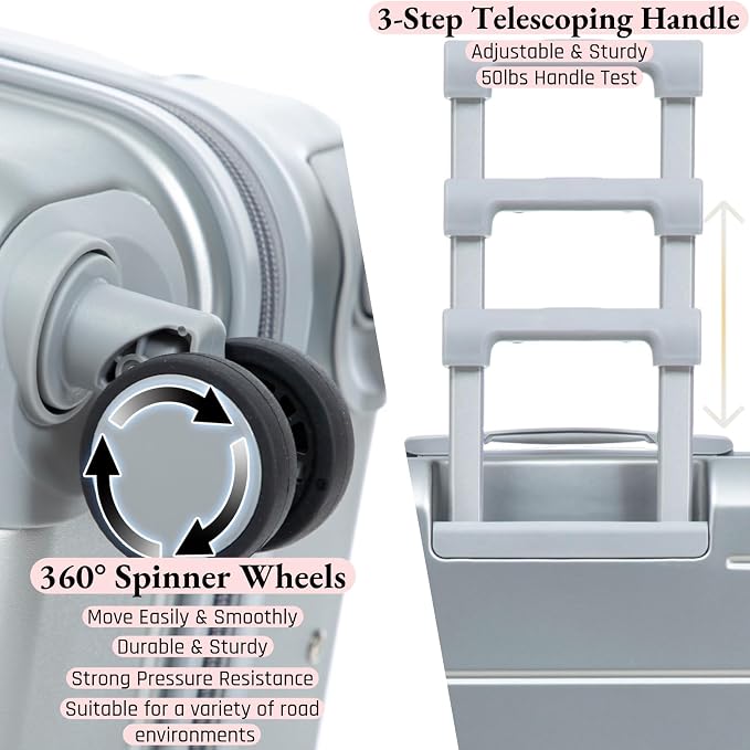 3-Piece ABS Spinner Luggage Set (20" 24" 28") with Combination Lock, Matching Hardshell Suitcases, Silver - Image 4