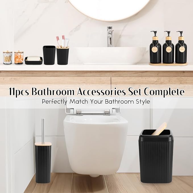 XLHOMO Black Bathroom Accessories Set 17PCS Bathroom Set with 3PCS Soap Dispenser Bathroom Accessory Set Black Trash Can for Bathroom Decor - Image 5