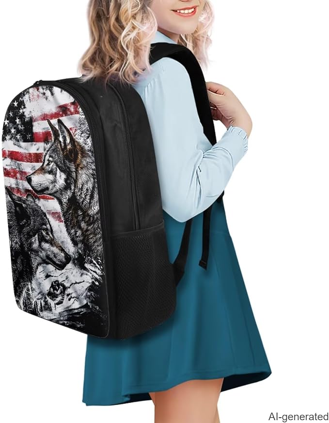 American Flag Wolf Backpack for Boys Kids Backpack with Lunch Box Water Bottle Bag and Soft Pencil Case 4PCS Set Bookbag with Compartments for School Teens 17 inch Large Capacity School Bag - Image 2