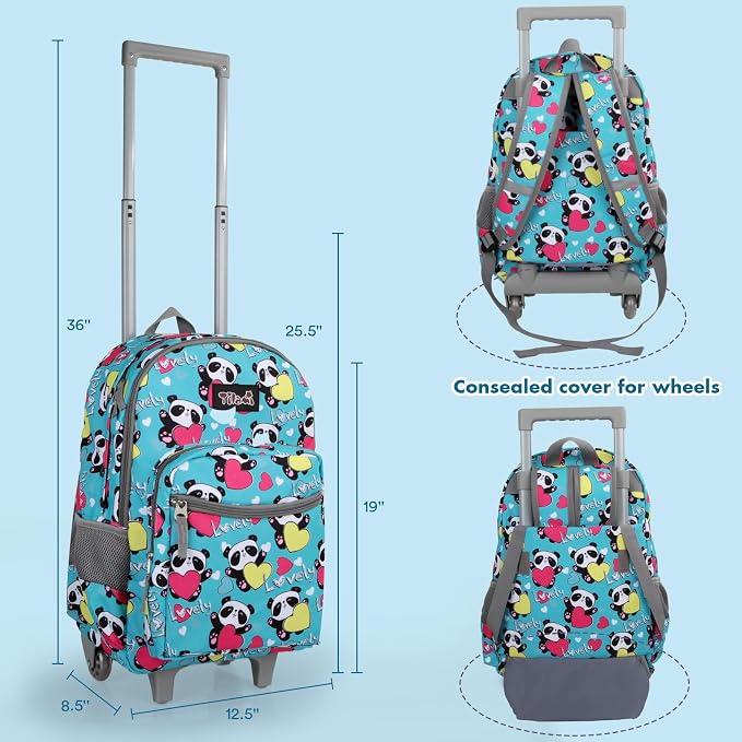 Tilami Rolling Backpack for Kids 18 Inch Double Handle Wheeled Bookbag for Boys & Girls for School & Travel,Panda - Image 3