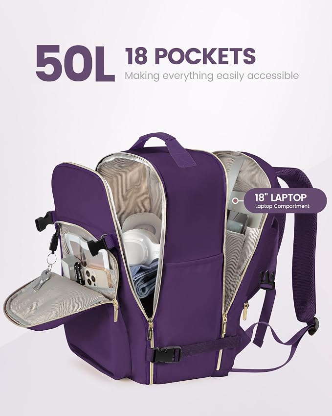LOVEVOOK 50L Travel Backpack Flight Approved Carry on Backpack,3 Packing Cubes,Waterproof Personal Item Travel Bag,TSA Carry on Luggage Suitcase Travel Essentials,Gifts for Women & Men,fits 18" Laptop - Image 3