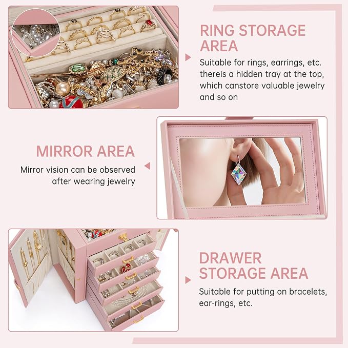 AKOZLIN 6-Tier Jewelry Box Organizer Functional 5 Drawers Leather Jewelry Storage Case for Women Girls Ring Necklace Earring Bracelet Holder Organizer with Mirror Medium Pink - Image 2