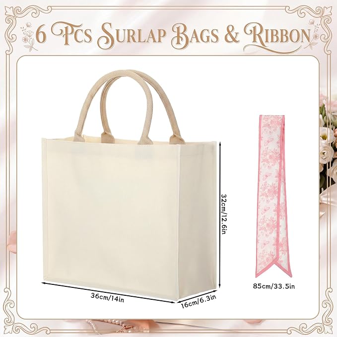 Glenmal 6 Pcs Burlap Bride Wedding Tote Bag Large Burlap Jute Tote Wedding Gift 14.2 x 12.6 x 6.3 Inch Waterproof Reusable Grocery Bag with Pink Floral Ribbon for Bridesmaid Gift Beach Pool Travel - Image 3