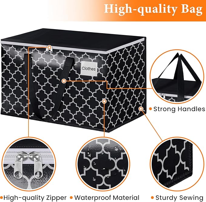 HomeHacks Heavy Duty Moving Bags with Tag Pockets, Collapsible Storage Totes for Moving, Camping & Travel -Foldable Packing Boxes, Zipper Handles, Black（8 Packs, 88L） - Image 2